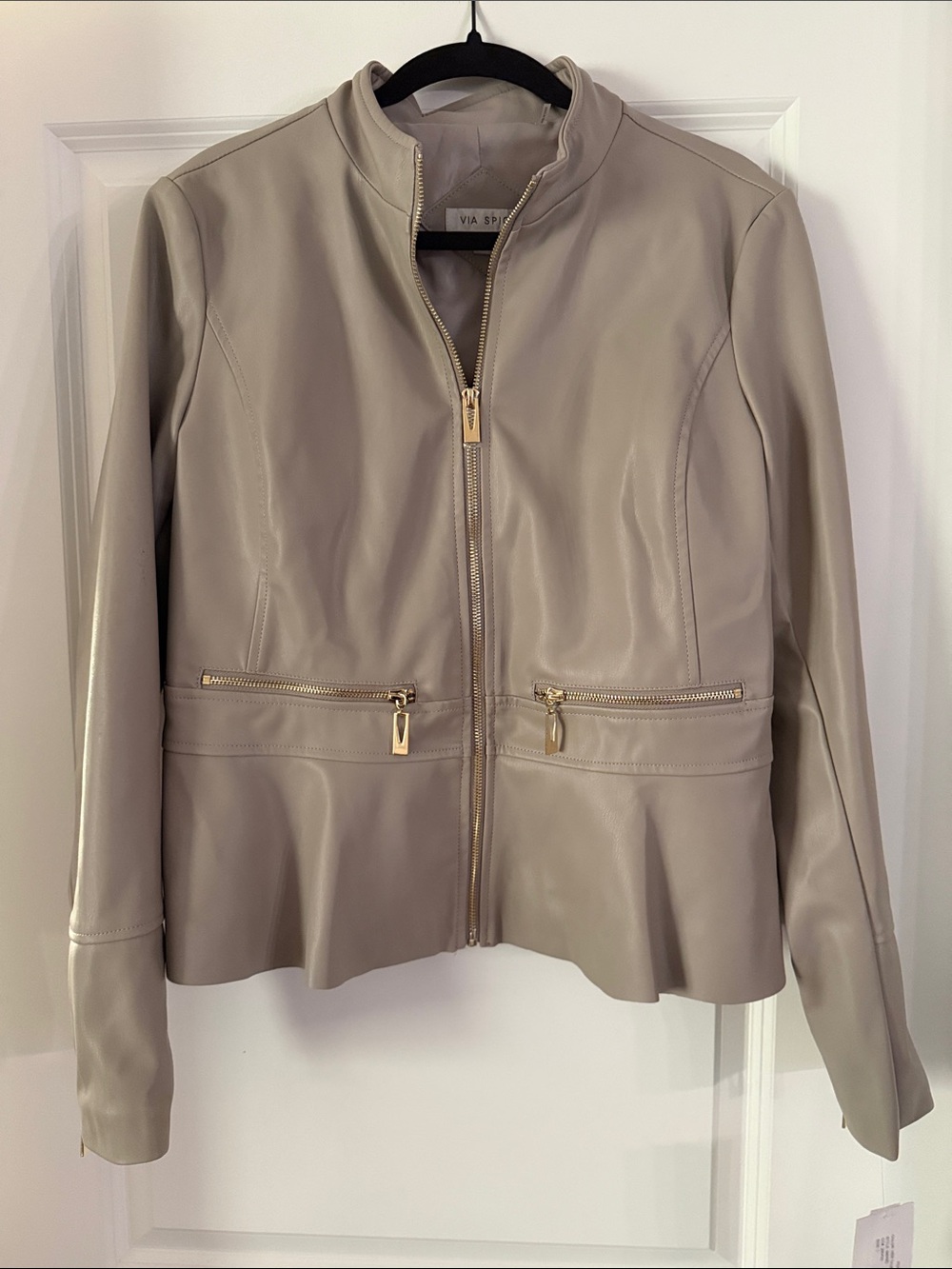Via Spiga Taupe Leather Zip Jacket with Gold Hardware